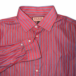 Men's PINK Red & Blue Striped Dress Shirt Neck 17.5 business Fall